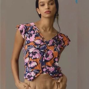 MAEVE ANTHROPOLOGIE Blouse Womens Small Floral Print Catie Ruffle Sleeve Tee